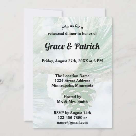 Blassgrüner Winter Pinienwald Probe Abendessen Einladung (Vorderseite)