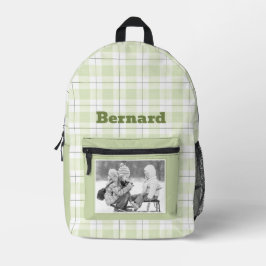 Blassgrünes Gingham Kariertes Muster Name und Foto Bedruckter Rucksack