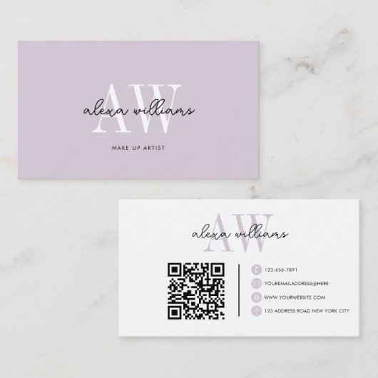 Blasslavender Monogram Typografie Script QR Code Visitenkarte (Vorne/Hinten)