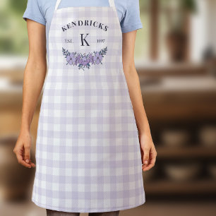 Blasslila Gingham-Blumen-Familienmonogramm Schürze