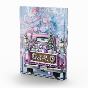 Blasslila Vintage-LKW Frohe Weihnachten Fotoblock