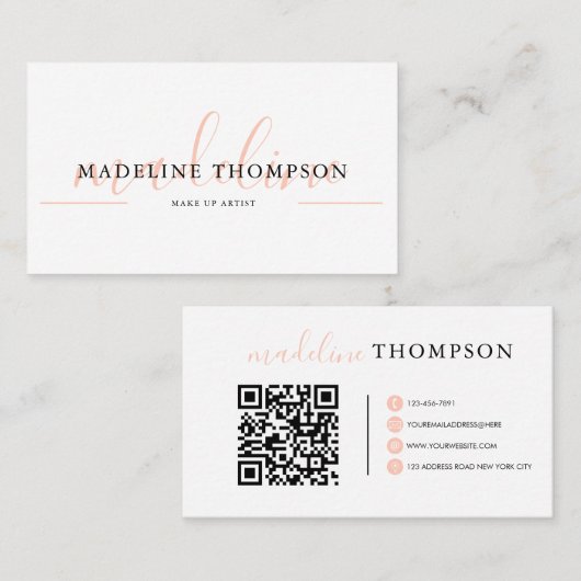 Blassorange-Kalligrafie-Script-QR-Code Visitenkarte (Vorne/Hinten)
