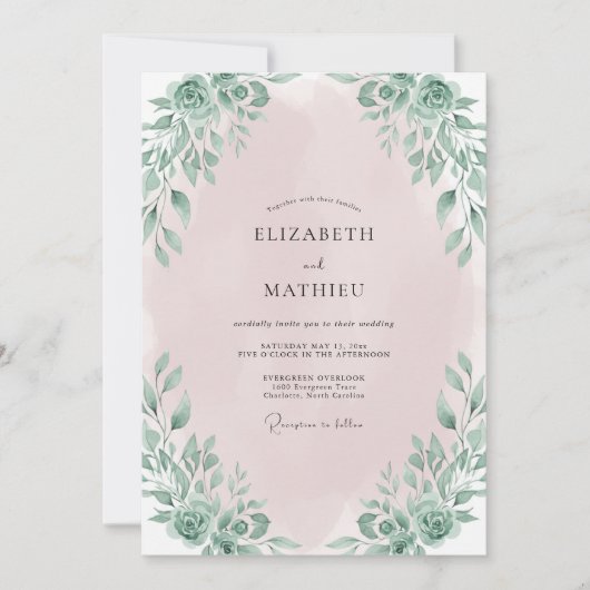 Blassrosa Blätterhochzeit Einladung (Vorderseite)