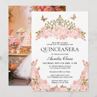 Blassrosa Blumen Gold Tiara Foto Quinceanera Einladung