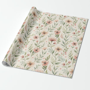 Blassrosa Blumen Sagegrün Cottagecore-Design Geschenkpapier