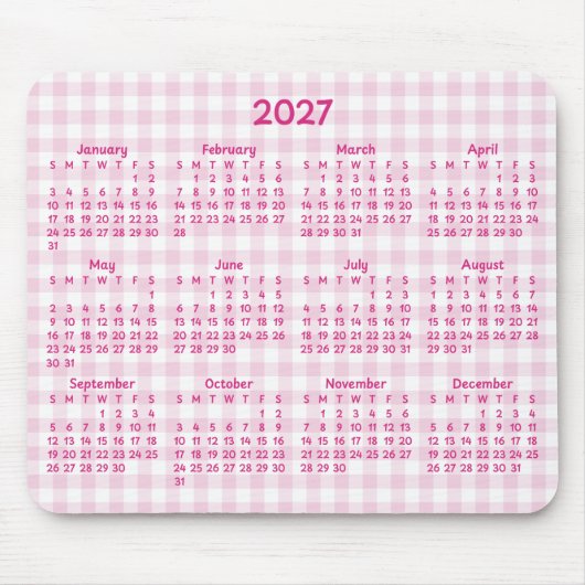 Blassrosa Gingham Whimsical 2027 Kalender Mousepad (Vorne)