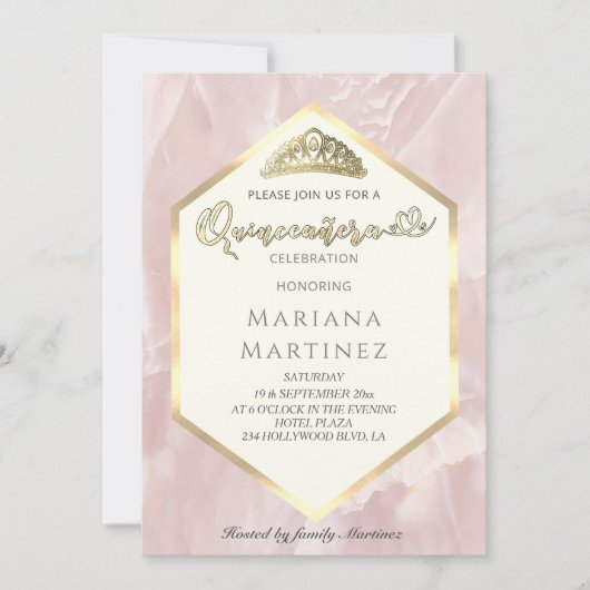 Blassrosa Marmor geometrische Kalligraphie Quince Einladung (Vorderseite)