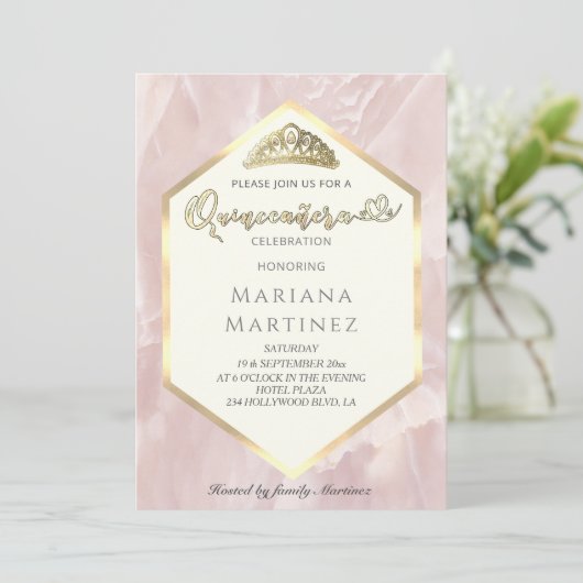 Blassrosa Marmor geometrische Kalligraphie Quince Einladung (Stehend Vorderseite)