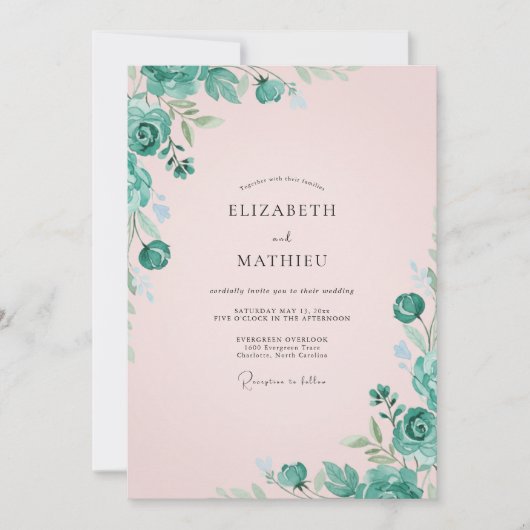 Blassrosa Minzblatt-Hochzeit Einladung (Vorderseite)