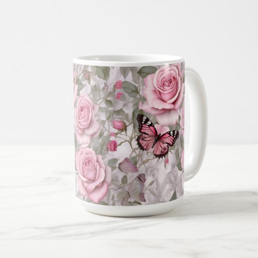 Blassrosa Schmetterlinge und Rose Kaffeetasse (VorderseiteRechts)