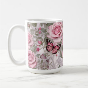 Blassrosa Schmetterlinge und Rose Kaffeetasse