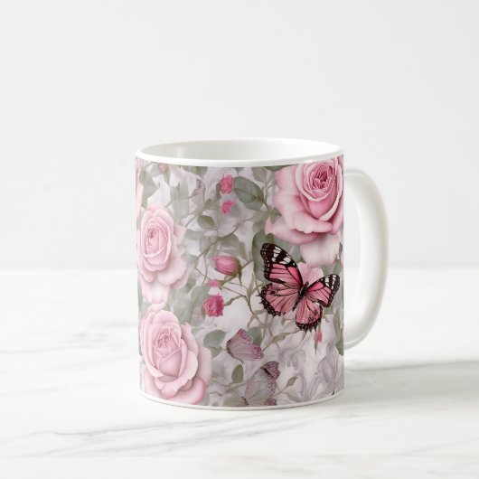 Blassrosa Schmetterlinge und Rose Kaffeetasse (VorderseiteRechts)