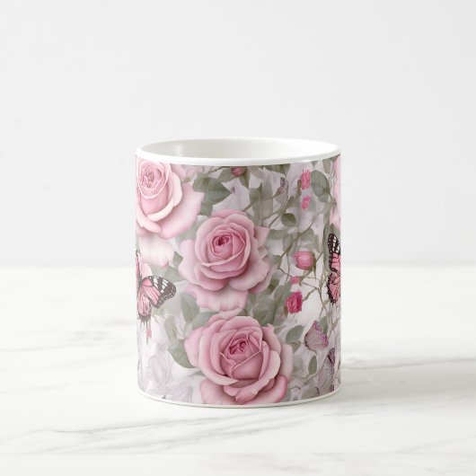 Blassrosa Schmetterlinge und Rose Kaffeetasse (Mittel)