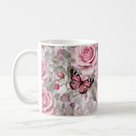 Blassrosa Schmetterlinge und Rose Kaffeetasse