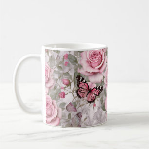 Blassrosa Schmetterlinge und Rose Kaffeetasse