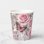 Blassrosa Schmetterlinge und Rose Pappbecher (Vorderseite)