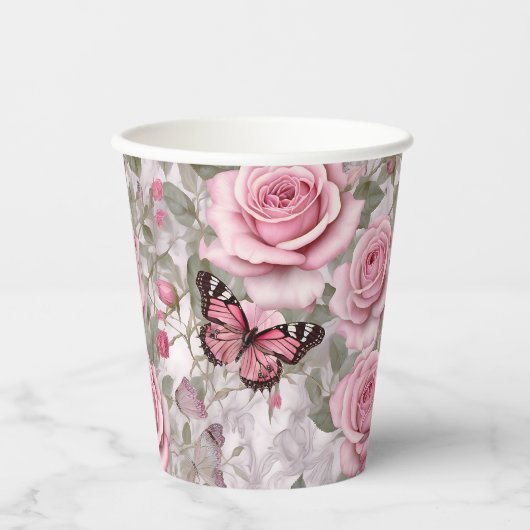 Blassrosa Schmetterlinge und Rose Pappbecher (Vorderseite)