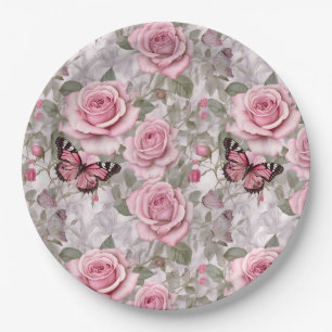 Blassrosa Schmetterlinge und Rose Pappteller