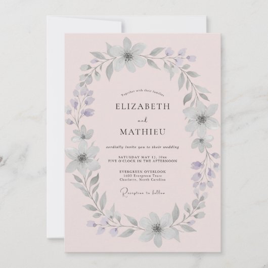 Blassrosa silberner Kranz Hochzeit Einladung (Vorderseite)