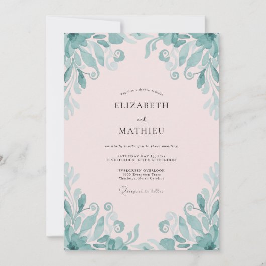 Blassrosa Teal Blatt Hochzeit Einladung (Vorderseite)