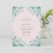 Blassrosa Teal Blatt Hochzeit Einladung (Stehend Vorderseite)