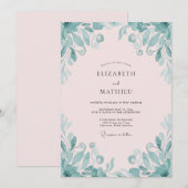 Blassrosa Teal Blatt Hochzeit Einladung (Vorne/Hinten)