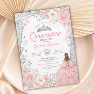Blassrosa und Salbei-Wasserfarbe Silber Quinceañer Einladung