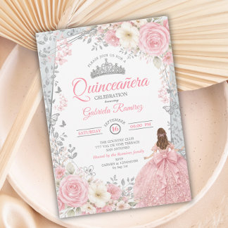 Blassrosa und Salbei-Wasserfarbe Silber Quinceañer Einladung