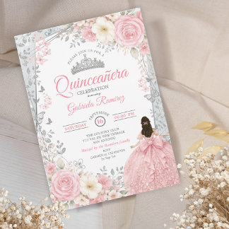 Blassrosa Wasserfarbe Silber Quinceañera Einladung