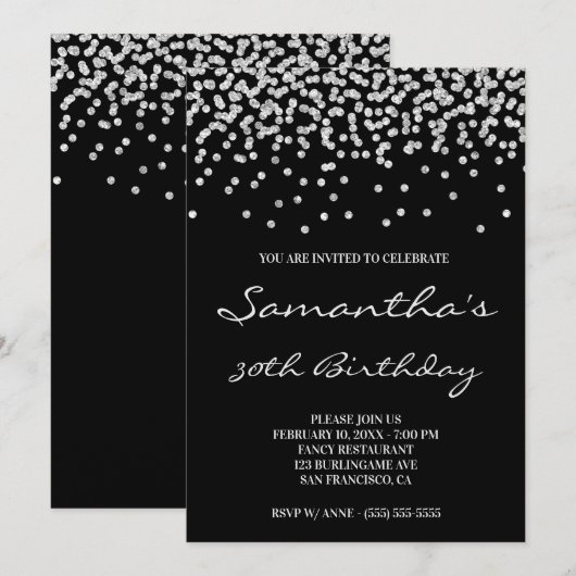 Blasssilber Glitzer Confetti Black Einladung (Vorne/Hinten)