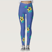 Blasstürkisfarbene Blätter Gelbe Blume Sketch Leggings (Vorderseite)