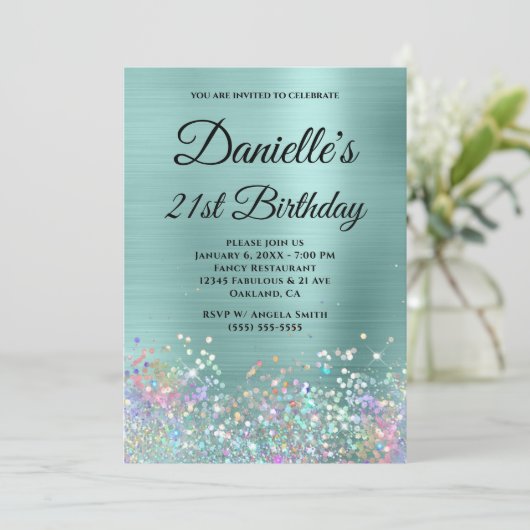 Blasstürkisfarbener Foil Holo Glitzer Extravagant Einladung (Stehend Vorderseite)