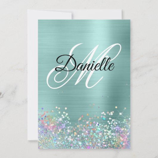 Blasstürkisfarbener Foil Holo Glitzer Extravagant Einladung (Rückseite)