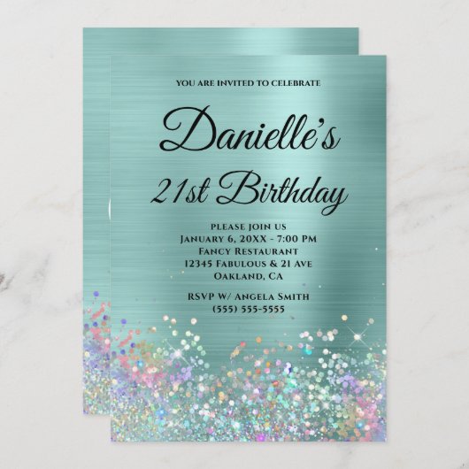 Blasstürkisfarbener Foil Holo Glitzer Extravagant Einladung (Vorne/Hinten)