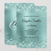 Blasstürkisfarbener Glitzer Extravagante Monogramm Einladung (Vorne/Hinten)