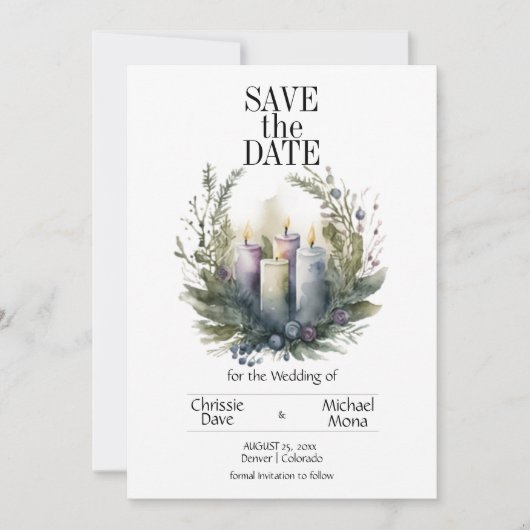 Blassviolette Blumenpastel mit Hochzeitskerzen Save The Date (Vorderseite)