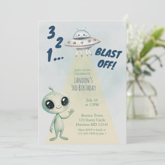 Blast Off Alien Boys Third Birthday Einladung (Stehend Vorderseite)