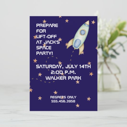 Blast Off Birthday Invitation Einladung (Stehend Vorderseite)