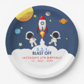 "Blast Off Funny Birthday Boy with Astronaut theme Pappteller (Vorderseite)