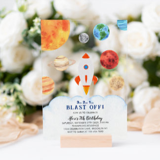 Blast Off Galaxy Space Rocket Ship Birthday Acryleinladungen