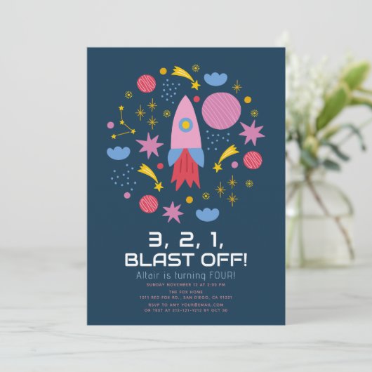 Blast Off! Outer Space Rocket Boy Birthday Einladung (Stehend Vorderseite)