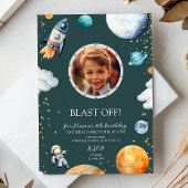 Blast Off Photo Space Theme Kids Birthday Party Einladung