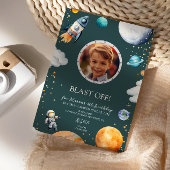 Blast Off Photo Space Theme Kids Birthday Party Einladung