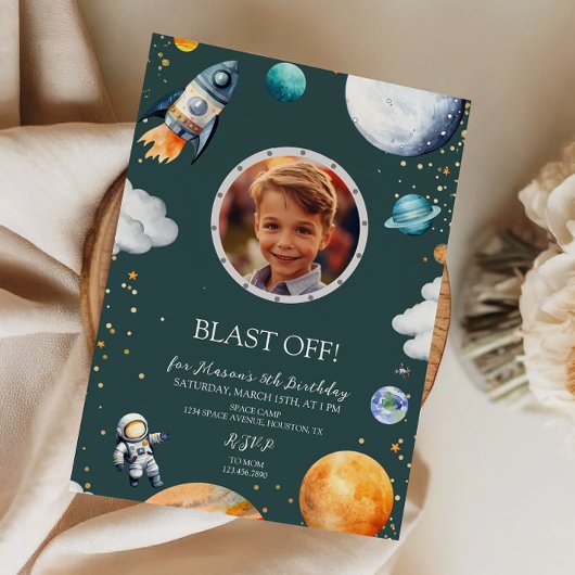 Blast Off Photo Space Theme Kids Birthday Party Einladung