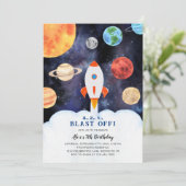 Blast Off Planets Space Rocket Ship Birthday Einladung (Stehend Vorderseite)