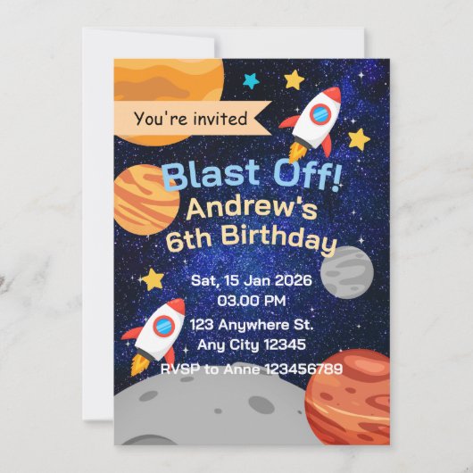 Blast Off Rocket Space Birthday for Boys Einladung (Vorderseite)
