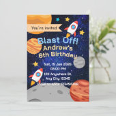 Blast Off Rocket Space Birthday for Boys Einladung (Stehend Vorderseite)