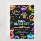 Blast Off Space Birthday Neon Outer Space Kids Einladung (Vorderseite)
