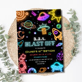 Blast Off Space Birthday Neon Outer Space Kids Einladung