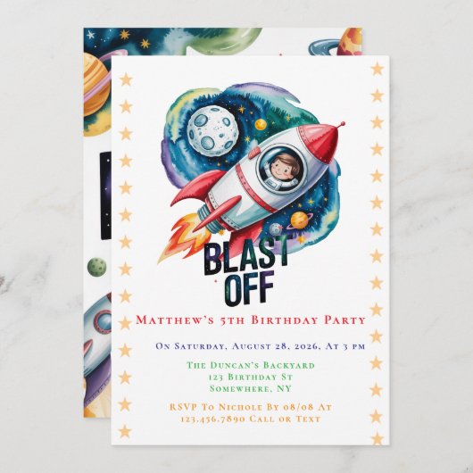 "Blast Off Space Boy Astronaut Birthday Party" Einladung (Vorne/Hinten)